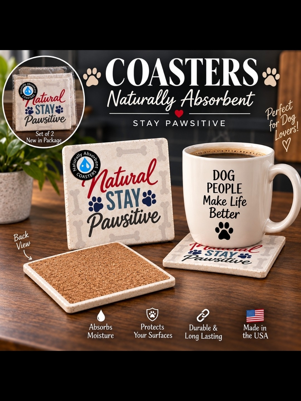 Natural Absorbent Coaster Set - Beige with Red & Blue Accent